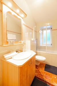 ein Badezimmer mit einem Waschbecken, einem WC und einem Spiegel in der Unterkunft Gasthof zur Post in Sankt Kathrein am Hauenstein