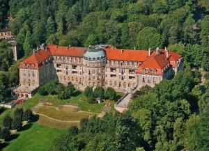 a large building on top of a hill with trees at Apartament Przytulny in Szczawno-Zdrój