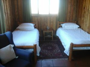 1 dormitorio con 2 camas, sofá y ventana en Greenfire Drakensberg Lodge en Bonjaneni