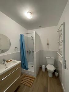 a bathroom with a shower toilet and a sink at Nice 120m with garden near the sea in Sainte-Marie-de-Ré