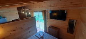 een kamer met een tv en een houten muur bij Cabaña del campo in Hornopiren