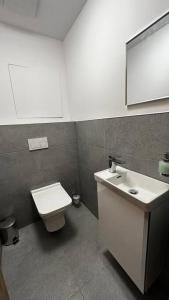 y baño con aseo, lavabo y espejo. en Apartmán Betula-apartmán v srdci Vysokých Tatier, en Vysoké Tatry