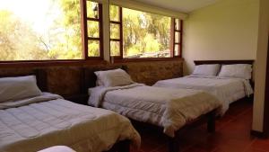 zwei Betten in einem Zimmer mit zwei Fenstern in der Unterkunft Hotel La Mana Nobsa in Nobsa + 23 Fotos