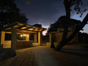un pavillon avec un arbre et une passerelle en briques la nuit dans l'établissement Cabañas La lunada, à Las Palomas