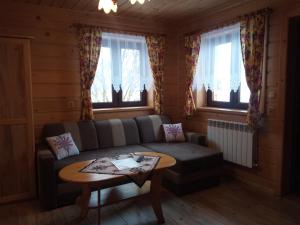 a living room with a couch and a table at Domek w Pieninach in Grywałd