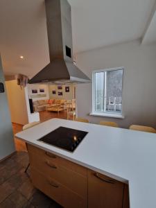 a kitchen with an island with a stove top oven at Eyjasol Apartments in Reykjavík