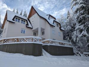 a house covered in snow in the woods at Kod Strica in Kopaonik