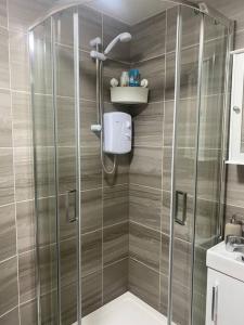 W łazience znajduje się prysznic ze szklanymi drzwiami. w obiekcie Studio Apartment in Seven Sisters w Londynie