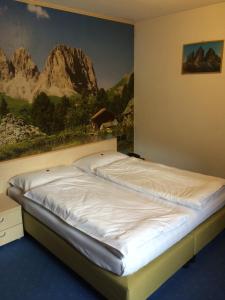Ce lit se trouve dans un dortoir orné d'une peinture murale. dans l'établissement Hotel El Geiger, à Pozza di Fassa
