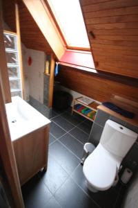 a bathroom with a white toilet and a sink at La Maison Imparfaite in Fourbanne
