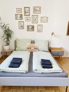 a bed with two pillows on it in a room at Appartement Buntspecht in Erfurt