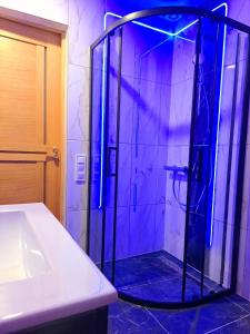 La salle de bains est pourvue d'une douche avec des lumières bleues. dans l'établissement Saules Rats Apartamenti, à Madona