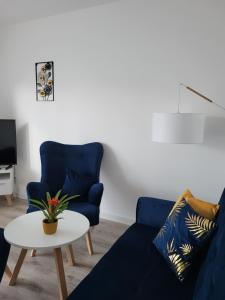 ein Wohnzimmer mit einem blauen Sofa und einem Tisch in der Unterkunft Apartament z widokiem-Bliżej Zdroju in Polanica-Zdrój