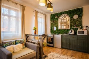 a kitchen with green walls and a table and a couch at Hanul Anei Studios and Apartments Brasov Transylvania in Braşov