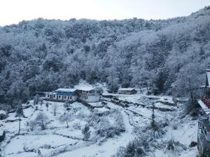 a house covered in snow in front of a mountain at The Bunker House in Chopta