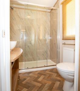 a bathroom with a shower and a toilet at Stewarts Resort Lodge 27 in St. Andrews +19 photos