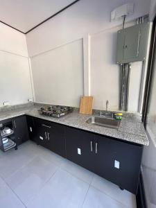 uma cozinha com um lavatório e uma bancada em Cabina Don Luis em San Juanillo