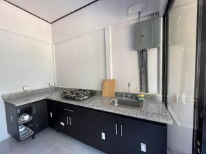- une cuisine avec un évier et un comptoir dans l'établissement Cabina Don Luis, à San Juanillo
