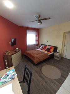 a bedroom with a bed and a ceiling fan at Borostyán Apartmanház in Mórahalom