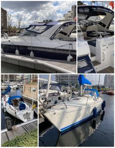 a collage of photos of boats docked at a dock at Entire Boat at St Katherine Docks 2 Available select using room options in London