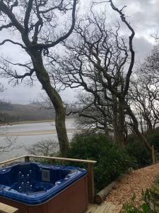 a blue tub sitting on a deck next to a tree at Waterside Cader Cabin with Hot Tub in Barmouth