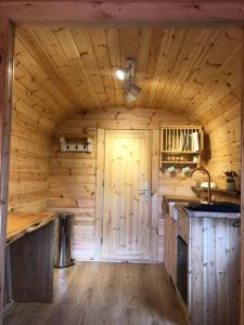 a kitchen in a wooden cabin with a counter top at Waterside Cader Cabin with Hot Tub in Barmouth