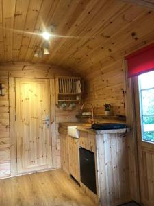 a kitchen in a wooden cabin with a sink at Waterside Cader Cabin with Hot Tub in Barmouth
