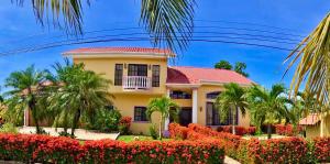 żółty dom z palmami i kwiatami w obiekcie Casa Lila w mieście Tela
