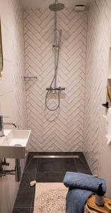 La salle de bains est pourvue d'un lavabo blanc et d'une douche. dans l'établissement Gastenverblijf de Vense Weide, à Venlo