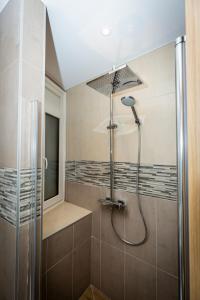 uma casa de banho com chuveiro e cabeça de chuveiro em Apartments TELECABINE 365 em La Massana