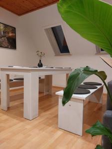 uma sala de estar com uma mesa branca e uma planta em Rooftop Apartmens Ulm - komfortable neue Gemeinschaftsunterkunft im Herzen von Ulm - Raum 3 em Ulm
