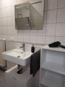 La salle de bains blanche est pourvue d'un lavabo et d'un miroir. dans l'établissement Rooftop Apartmens Ulm - komfortable neue Gemeinschaftsunterkunft im Herzen von Ulm - Raum 3, à Ulm