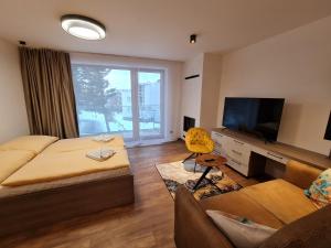 Habitación con cama, TV y sofá. en Apartman Veka-Hotel Ovruč, en Vysoké Tatry
