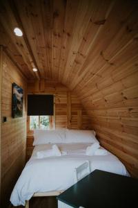 a bedroom with a bed in a wooden room at Ash WINTER RETREAT- Hot tub & Log Bruner in Barmouth