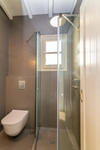 a bathroom with a toilet and a glass shower at Apopsis Tinos View in Triandáros