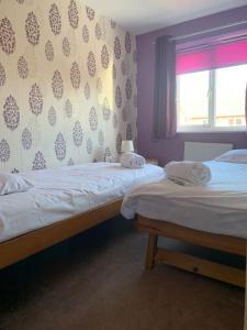 two twin beds in a room with a window at Huntingdon walk to town centre, cosy, Free parking in Huntingdon