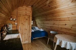 ein Schlafzimmer mit einem Bett in einer Holzhütte in der Unterkunft Snowdonia Mawddach Cabin + hot tub in Barmouth
