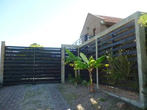 a fence with a palm tree in front of it at Girasoles Punta del Diablo in Punta Del Diablo