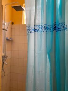 Chez Ti Casa في ماهيبورغ: حمام مع دش مع ستارة دش بيضاء وزرقاء