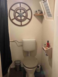 a bathroom with a toilet with a wheel on the wall at Mingo Hideout in Matsloot