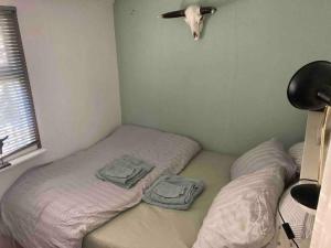 ein Schlafzimmer mit 2 Betten und Handtüchern darauf in der Unterkunft Mingo Hideout in Matsloot