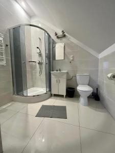 a white bathroom with a shower and a toilet at Willa Hańcza in Smolniki