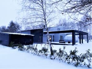 una casa en un patio cubierto de nieve con un edificio en Country house Greenfields, en Gospić