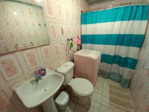 a bathroom with a toilet and a sink and a shower at Cabañas Matanzas Noemi in Boca Pupuya +4 photos