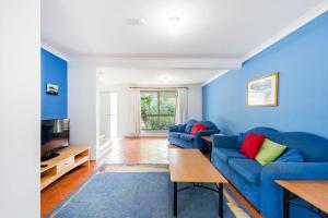 a living room with blue walls and a blue couch at Clifton on Charles in Iluka