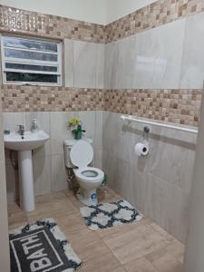 a bathroom with a toilet and a sink at Mountain and Sea view Stay in Sandy Point Town