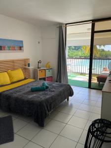 a bedroom with a bed and a large window at OCEANE 2 in Le Gosier