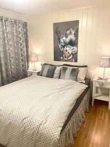 1 dormitorio con 1 cama con 2 lámparas y una foto en la pared en Guesthouse in Tromso center by Dada en Tromsø