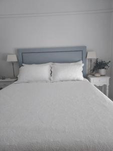 1 cama blanca con cabecero azul y 2 mesas en Garden of Eden Boutique Cottage and Spa, en Doonside