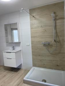 een badkamer met een douche, een wastafel en een bad bij Schöne Wohnung Nr.: 5 in Eppelborn